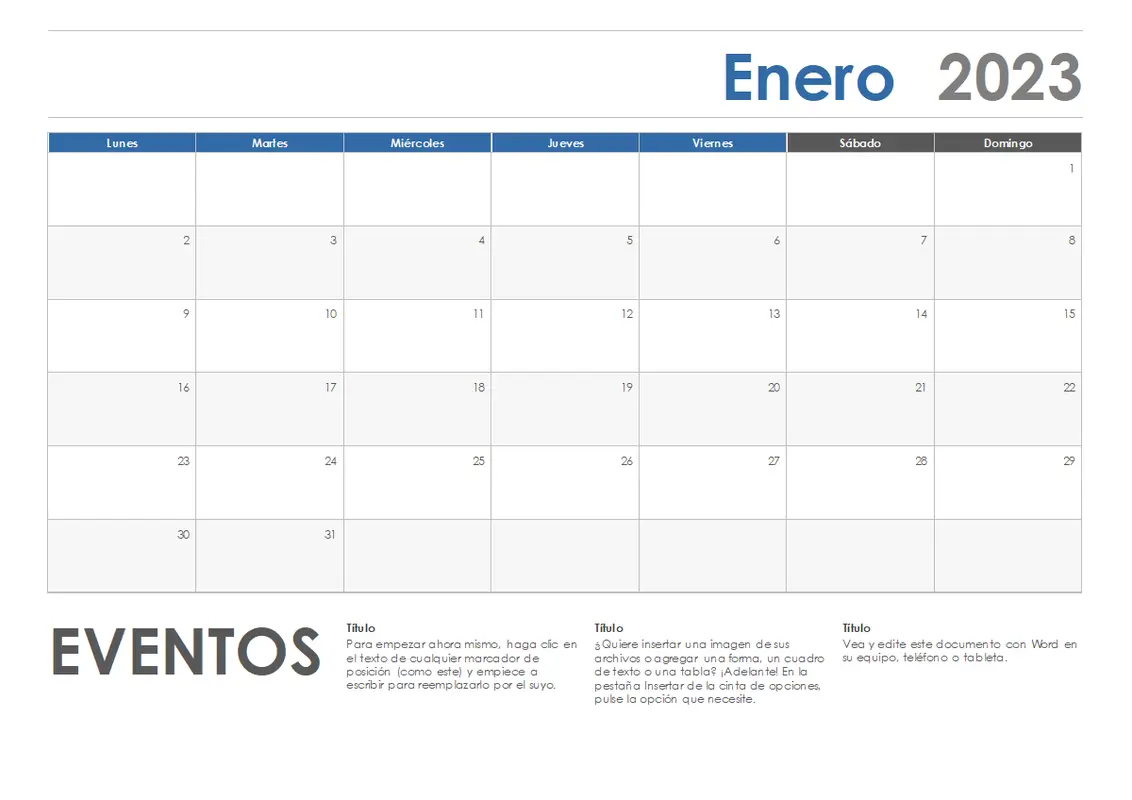 Calendario horizontal (inicio en lunes) modern-simple