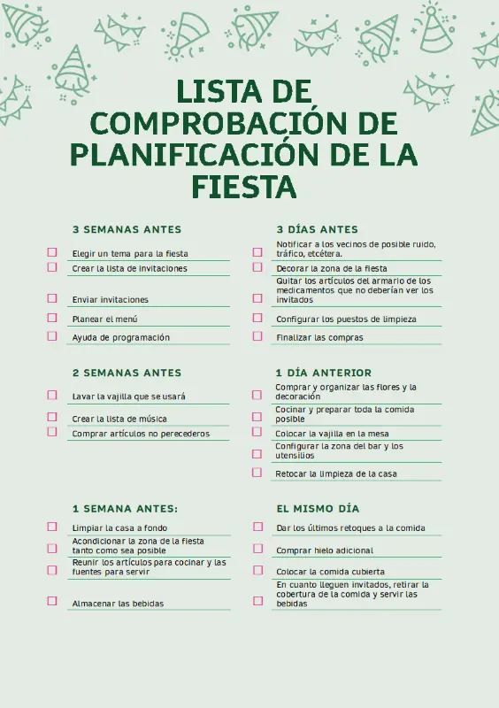 Lista de comprobación de planificación de la fiesta green modern simple