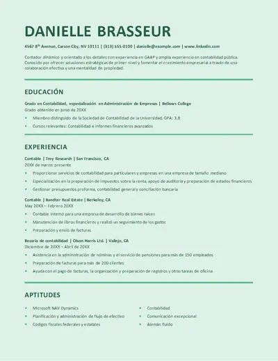 Currículum vítae de contabilidad con estilo para ATS