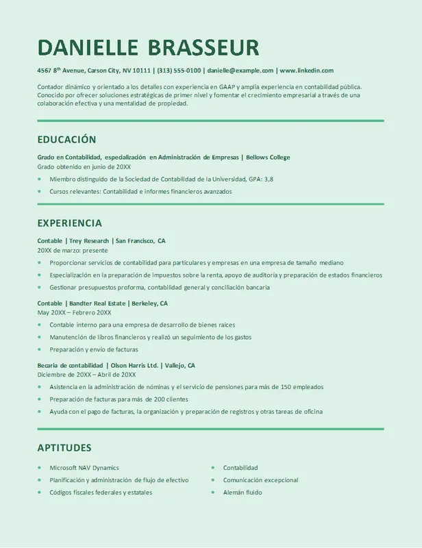 Currículum vítae de contabilidad con estilo para ATS