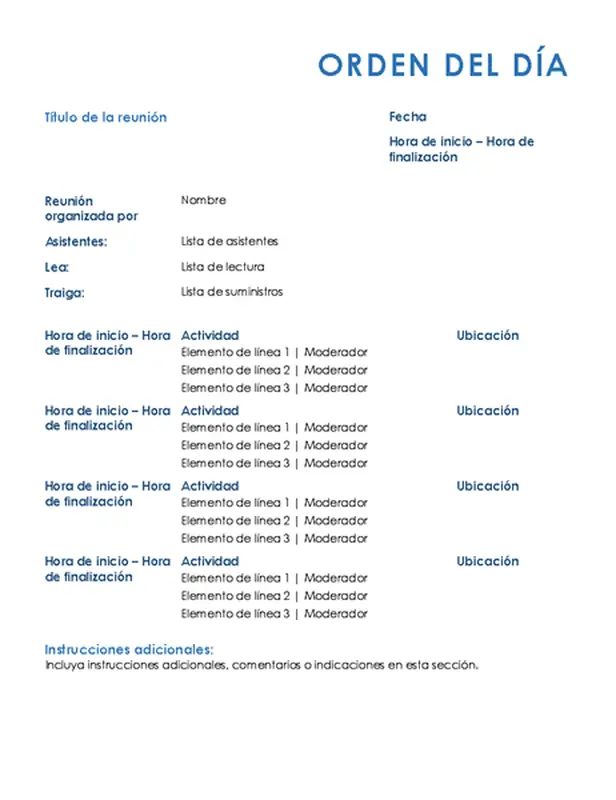 Agenda de la reunión de todo el día (formal)