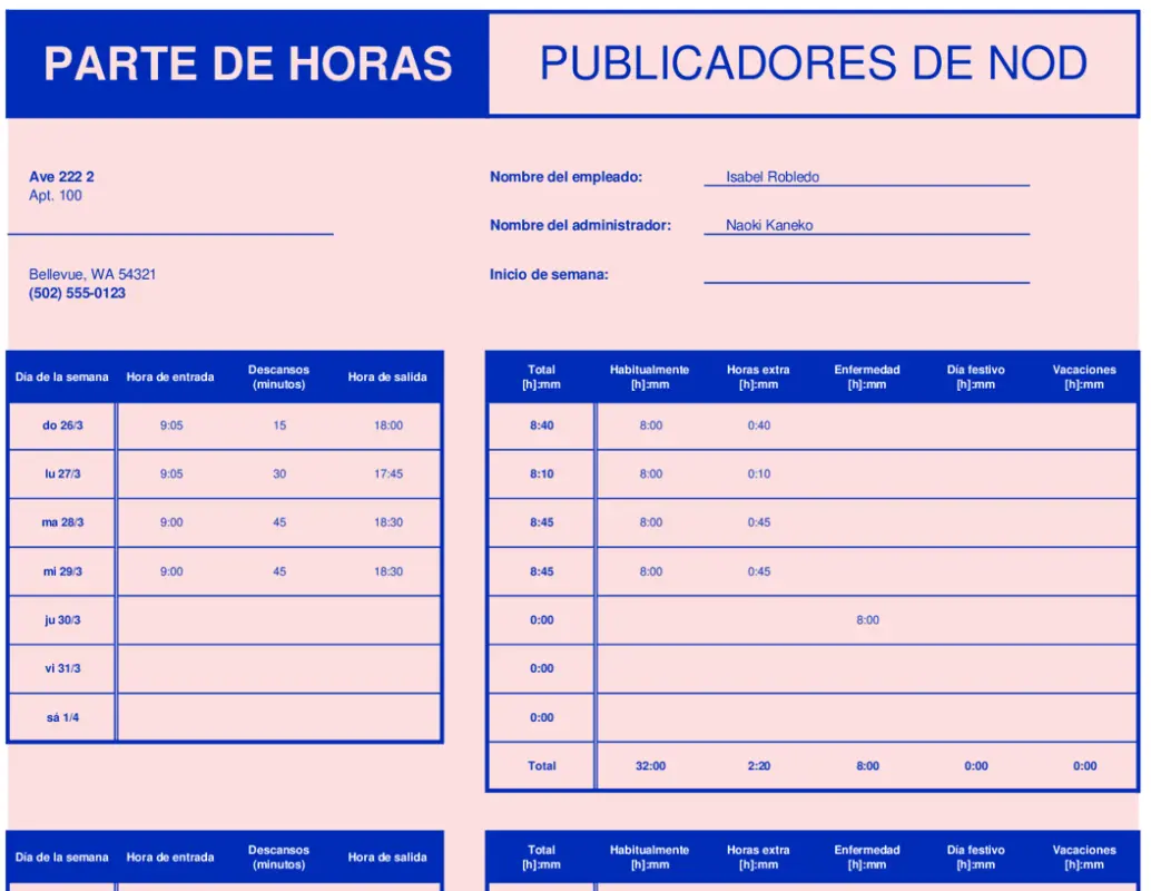 Planilla de horas trabajadas semanal pink modern simple