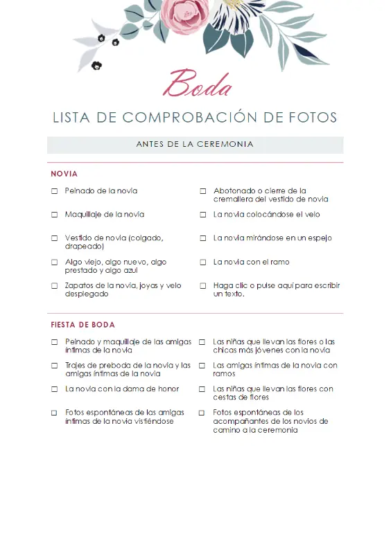 Lista de comprobación para las fotografías de la boda pink organic simple