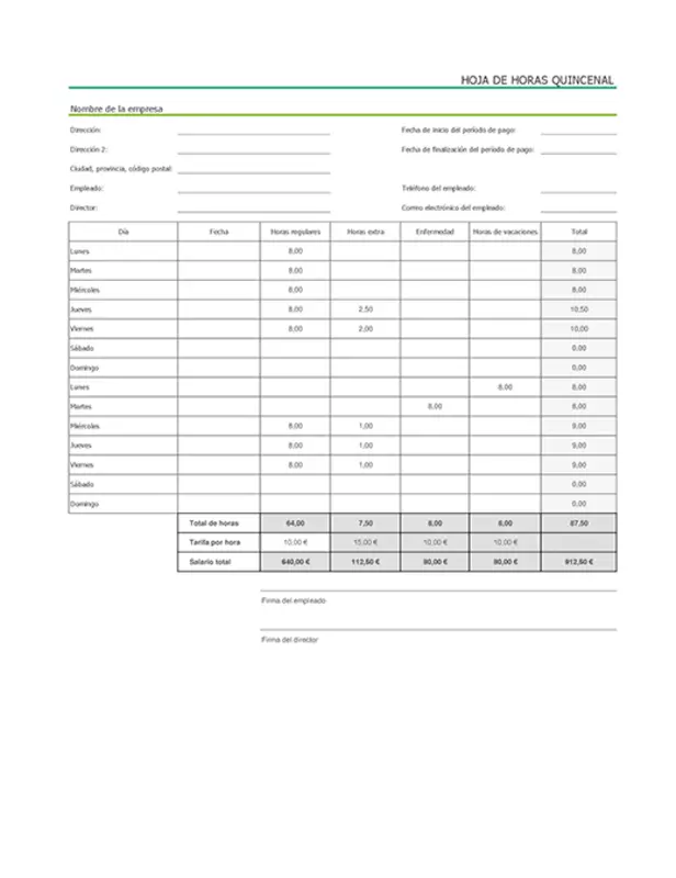 Hoja de horas quincenal con bajas por enfermedad y vacaciones (con datos de ejemplo) modern simple