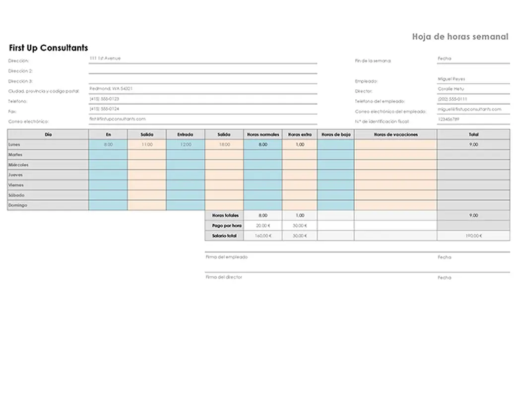 Hoja de horas semanal (8,5x11, horizontal) modern simple