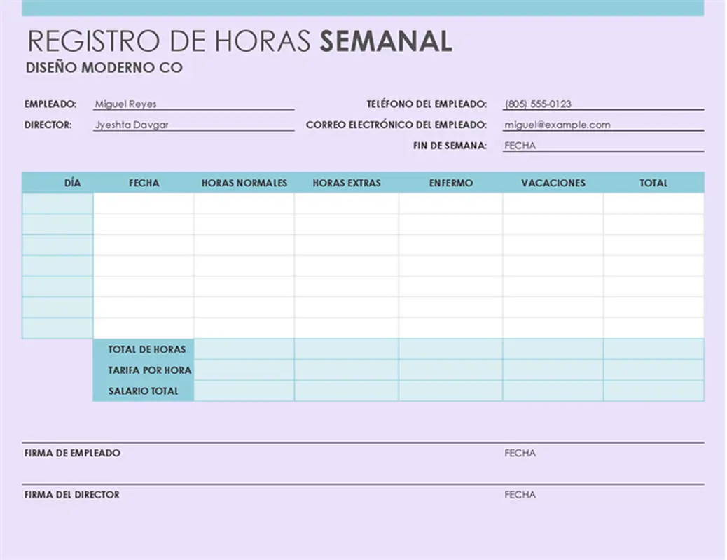 Parte de horas semanal (8 1/2 x 11, vertical) modern simple