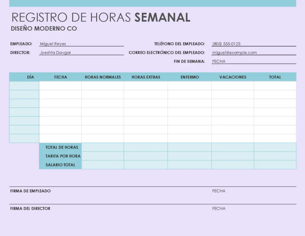 Parte de horas semanal (8 1/2 x 11, vertical) purple modern simple