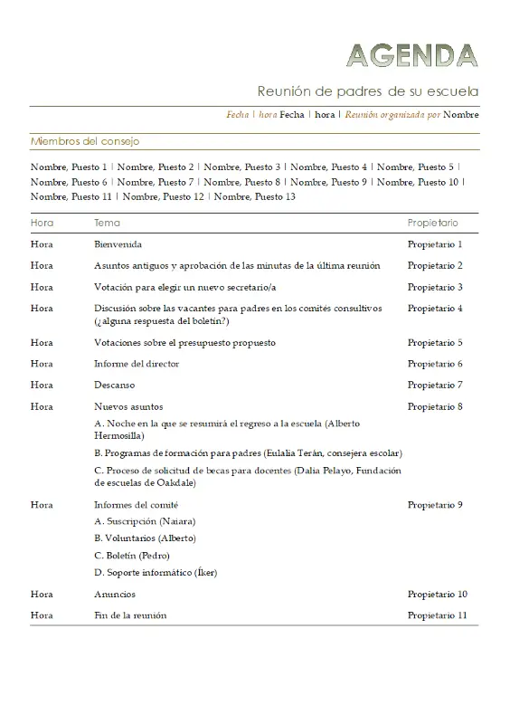 Agenda de reunión de padres yellow modern simple