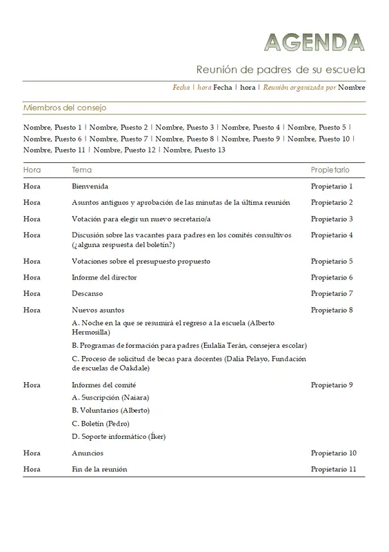 Agenda de reunión de padres modern simple