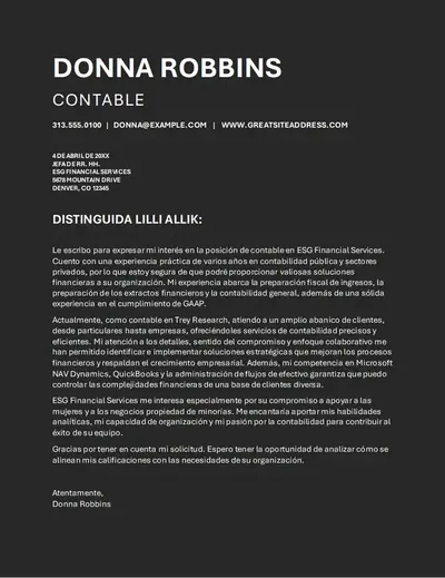 Carta de presentación de finanzas de ATS