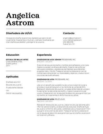 Currículum vítae clásico de diseñador de interfaces de usuario y experiencias de usuario