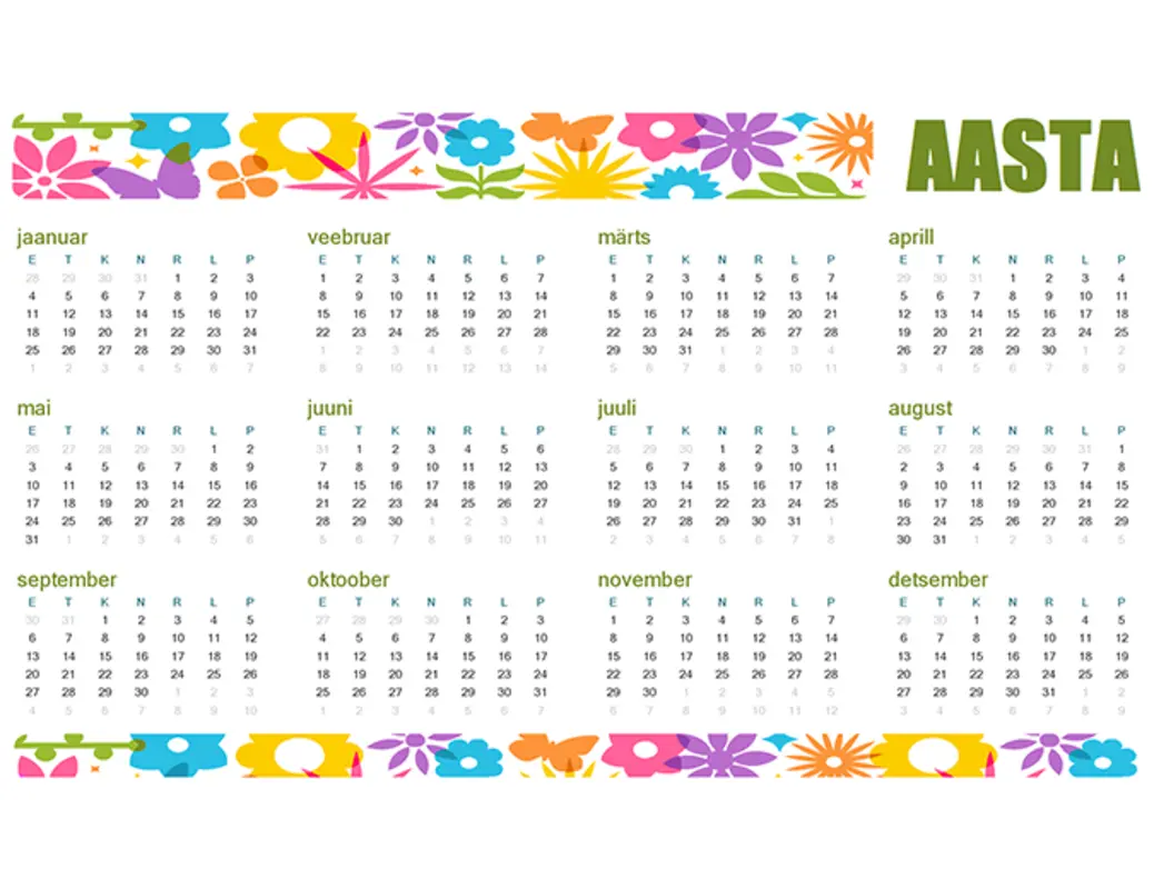 Lõbus kalender mis tahes aasta jaoks green modern-bold