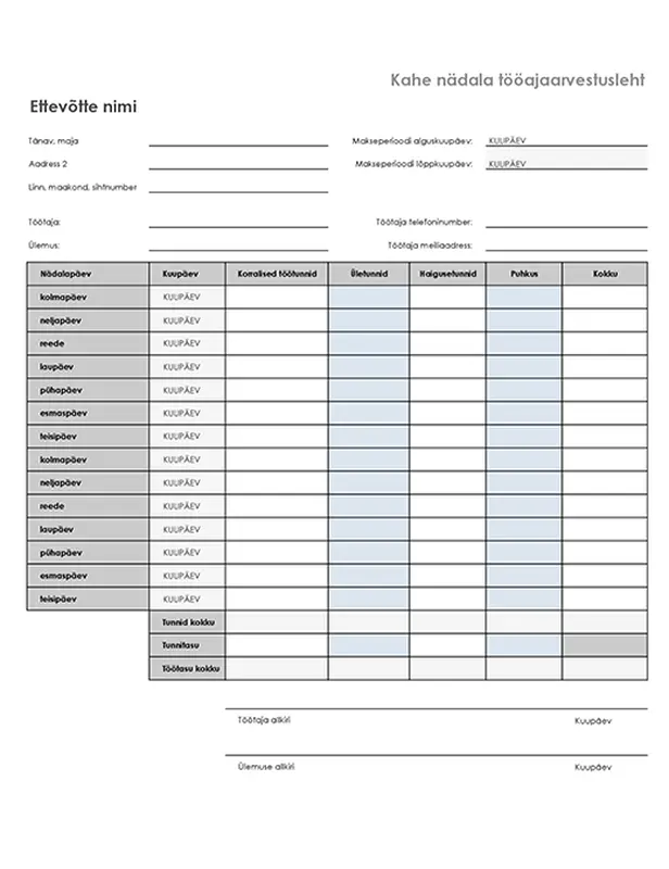 Kahe nädala ajaarvestusleht haiguse- ja puhkusetundidega modern simple