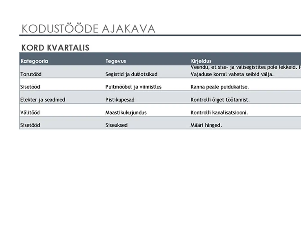 Koduste remondi- ja hooldustööde ajakava ja ülesandeloend modern simple