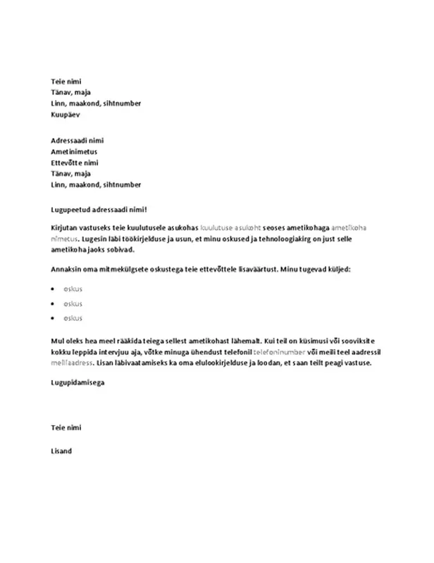 Näidiskaaskiri vastuseks tehnilise ametikoha kuulutusele