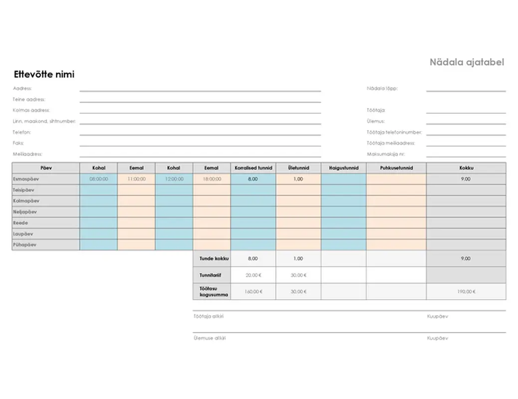 Nädala ajatabel (8,5 x 11, horisontaalpaigutus)