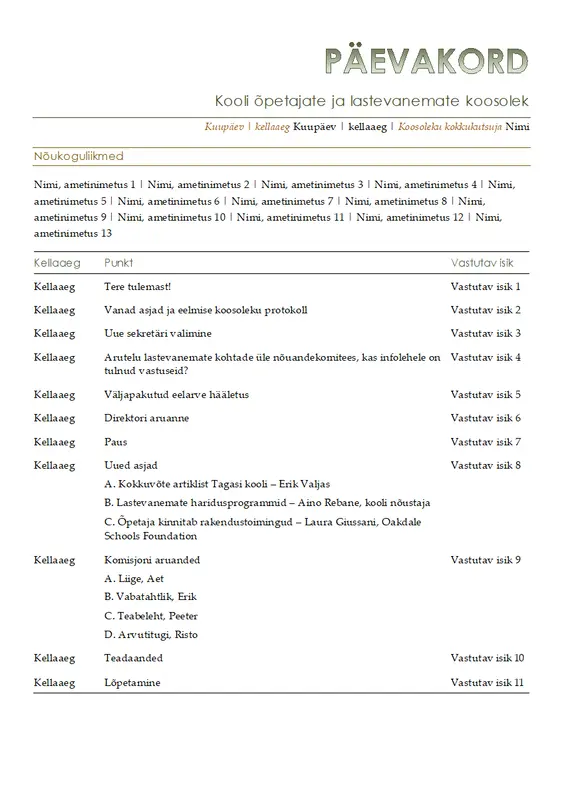 Õpetajate ja lastevanemate koosoleku päevakord modern simple