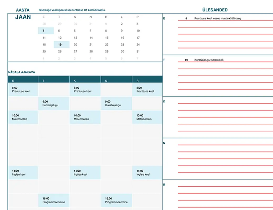 Kooliaasta kalender (kuupõhine)