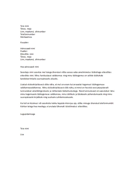 Elulookirjelduse kaaskiri soovitusega