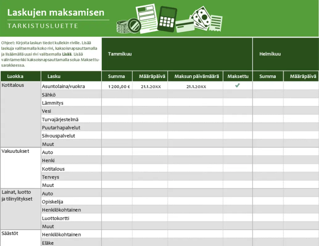 Tarkistusluettelo laskujen maksamiseen green modern simple