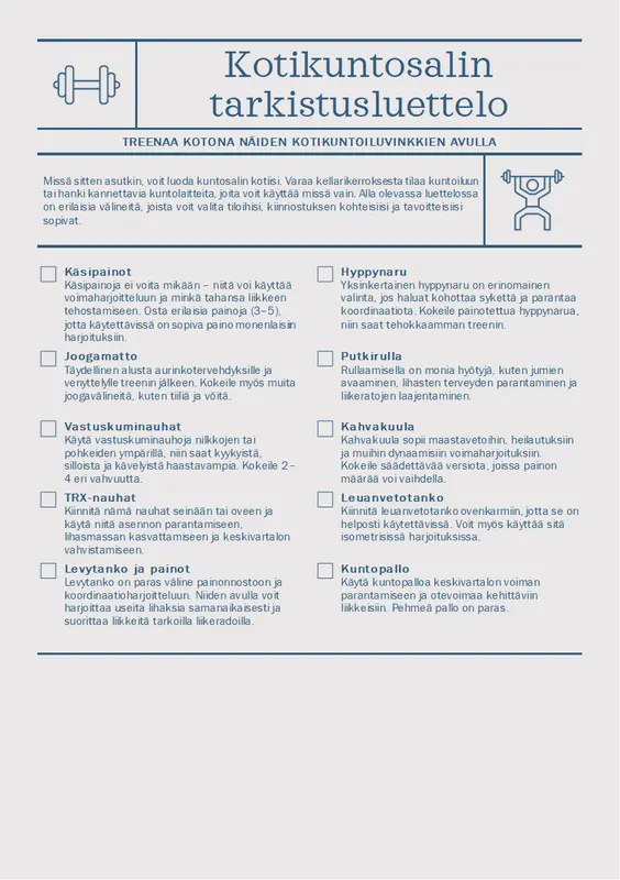 Kotikuntosalin tarkistusluettelo modern-simple