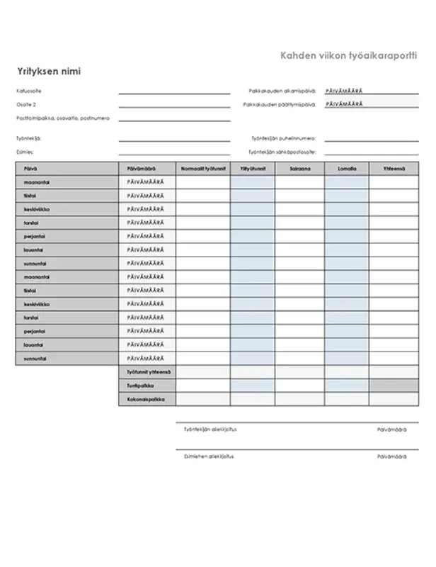 Kahden viikon työaikaraportti, joka sisältää sairausloman ja loman gray modern simple