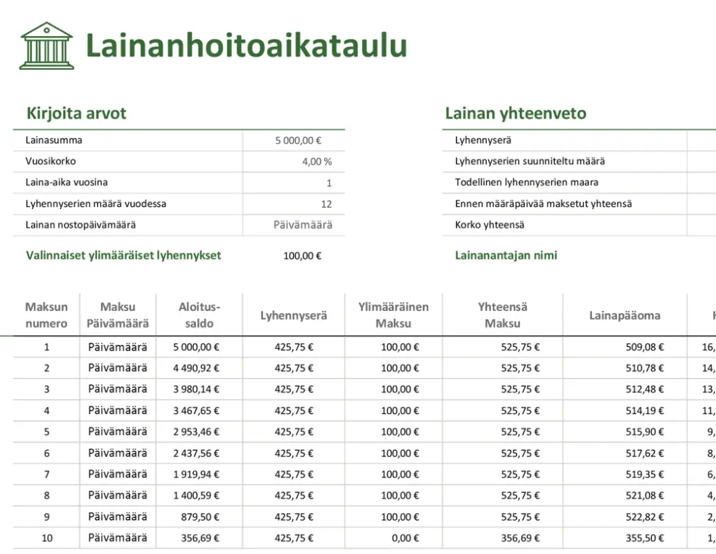 Lainanhoitoaikataulu green modern-simple