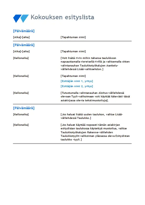 Kokouksen esityslista vintage floral