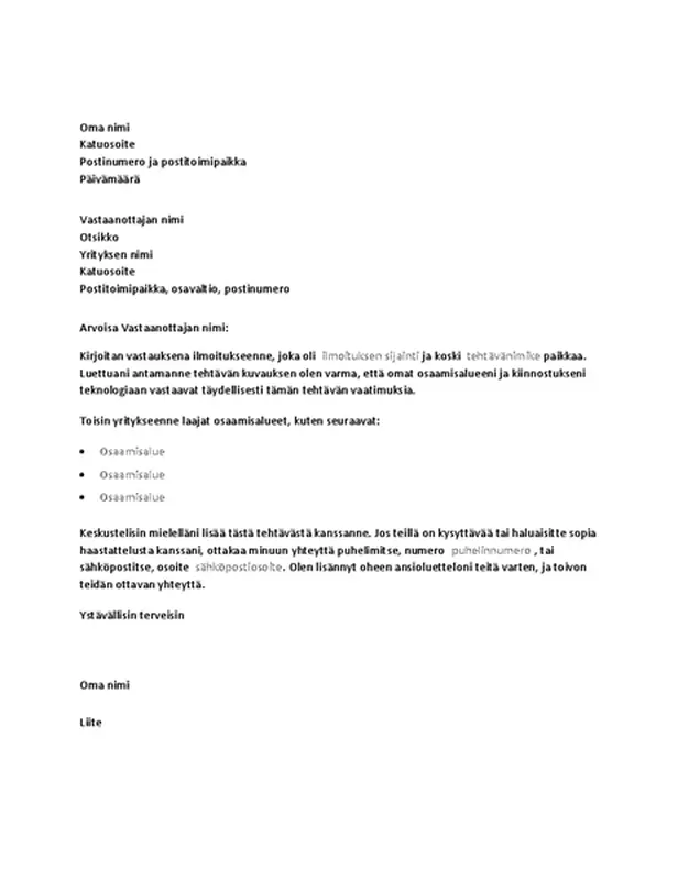 Mallisaatekirje vastaukseksi ilmoitukseen teknisen alan työpaikasta