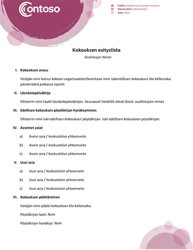 Ruususarjan esityslista