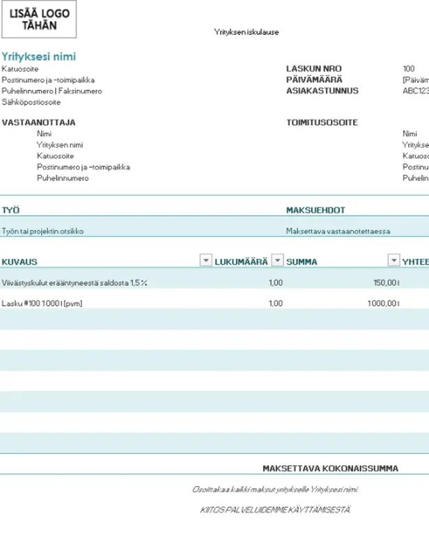 Viivästyskulut sisältävä lasku (sininen)