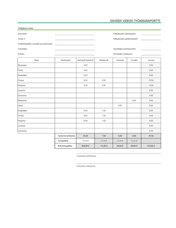 Kahden viikon työaikaraportti, joka sisältää sairausloman ja loman (sekä mallitiedot) modern simple