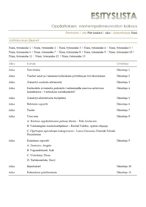 Vanhempainyhdistyksen esityslista yellow modern simple