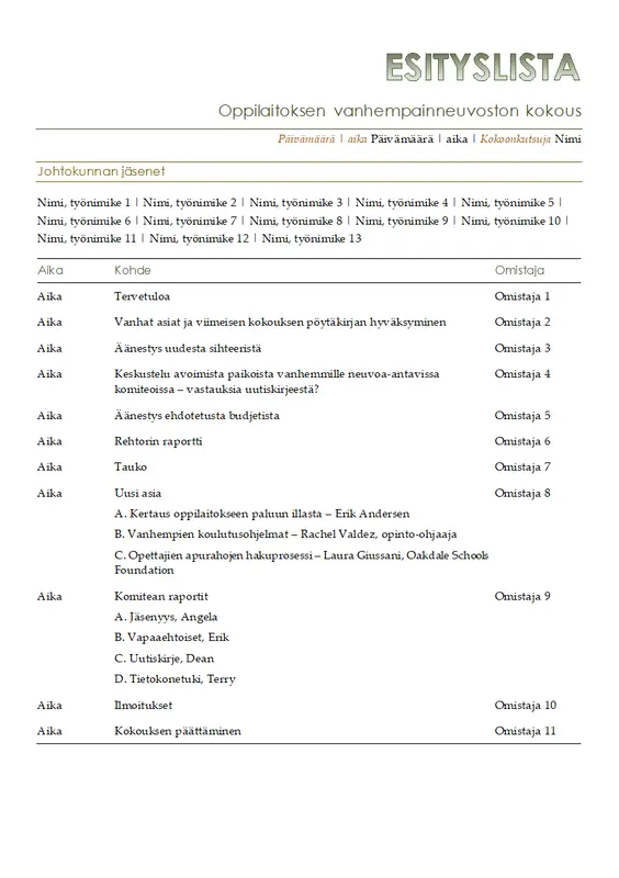 Vanhempainyhdistyksen esityslista modern simple