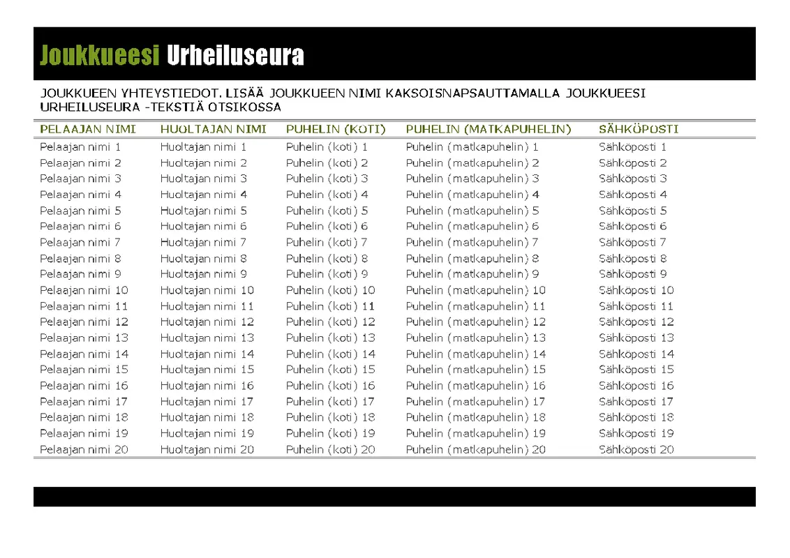 Yhteystietoluettelo nuorisojoukkueita varten