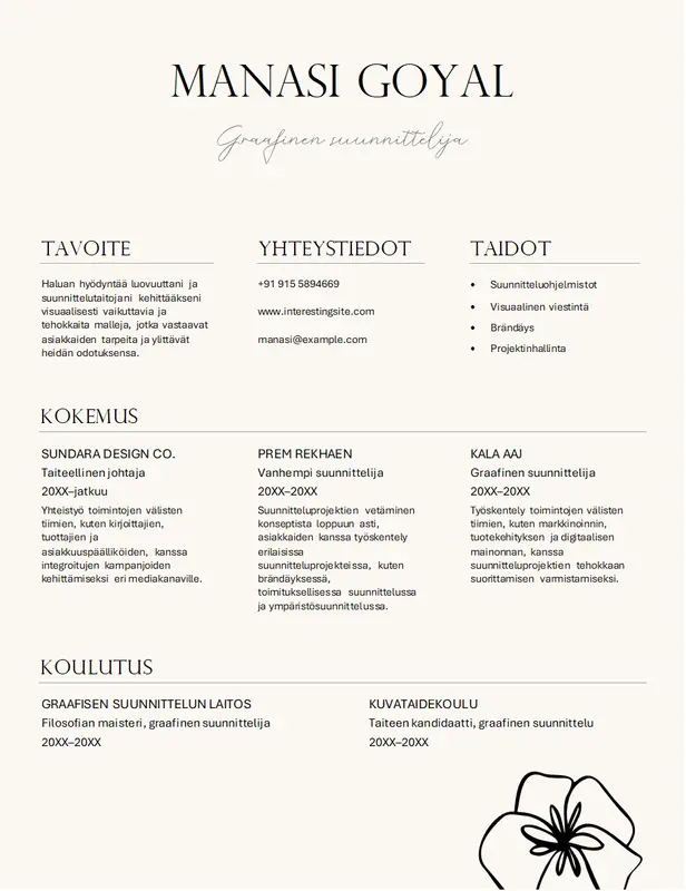 Tyylikäs graafisen suunnittelun ansioluettelo