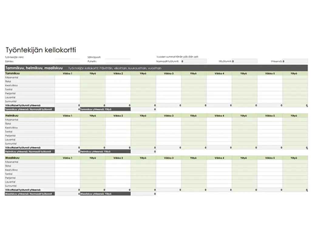 Työntekijän työaikakortti (päivä-, viikko-, kuukausi- ja vuosikohtainen) green modern simple