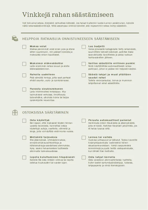 Vinkkejä rahan säästämiseen -tarkistusluettelo modern simple