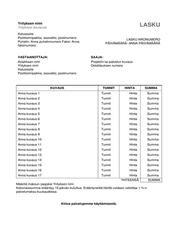 Palvelulasku, jossa näkyvät tunnit ja hinta