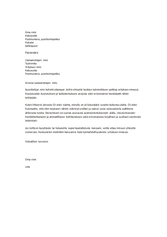 Ansioluettelon saatekirje suosituksen yhteydessä