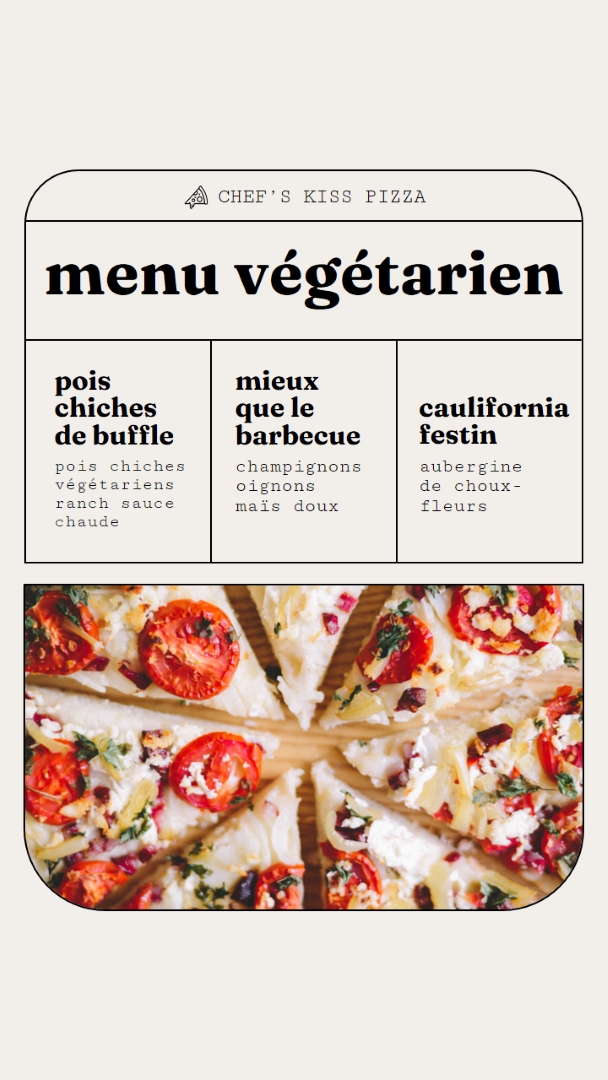 Consultez notre menu de pizzas végétariennes gray modern,simple,lines,geometric,frame,symmetrical