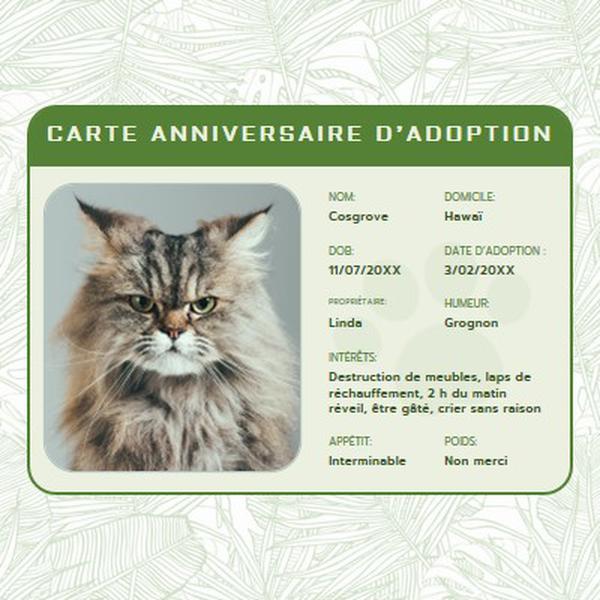 Carte anniversaire de l’adoption green botanical,cat,license