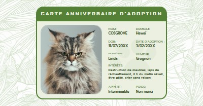 Carte anniversaire de l’adoption green botanical,cat,license