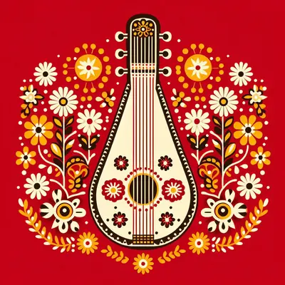 Illustration [d’un dulcimer] dans un style d’art folklorique scandinave, avec des [fleurs enchaînées] en marguerite dans des couleurs [rouge et jaune] sur un arrière-plan [rouge] . Le [dulcimer] a [des fleurs décoratives] et est centré dans une composition minimale.