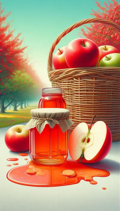 Une vue détaillée des [moitiés d’une pomme rouge] avec [jus de pomme] mise en pool sous [des pots de pommes en conserve] à côté [d’un panier pour cueillir des fruits] dans des tons [rouge et vert] dans un style de peinture surréel [minimal et coloré] . En arrière-plan, se trouve un [verger] au foyer doux avec [des pommiers vibrants].