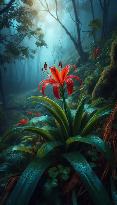 Image photoréaliste macro [d’un nénuphar rouge et orange] entouré de [feuilles vertes épaisses et de plantes] dans [une forêt tropicale humide] au [Zimbabwe]. [Le lys] est [humide avec une pluie légère] et [une lumière bleue fraîche du matin] .