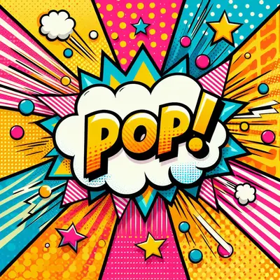 Une affiche plein cadre avec des points, des étoiles et des lignes dans des couleurs [vives et saturées] dans un style pop art. Les lignes doivent être étroites au centre et élargies à mesure qu’elles s’étendent jusqu’au bord du canevas. L’arrière-plan doit être kitsch et inclure [des points à polka et des][lignes de zig zag]. La conception doit inclure du texte dans une [forme de nuage blanc] avec les mentions « Pop ! » et « Wow ! »