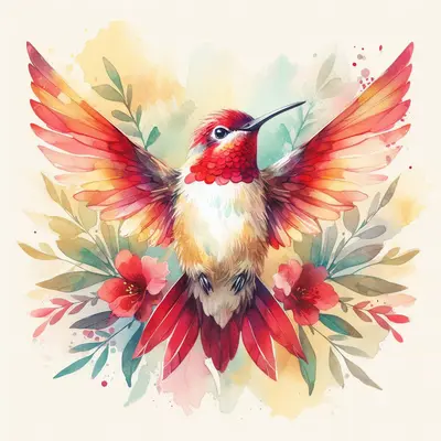 Un [colibri] aquarelle, centré, en [rouge et jaune] avec une [crème douce], fond d’aquarelle.