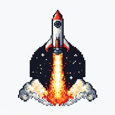 Une [fusée qui décolle] avec le [feu] provenant du [moteur], espace de copie ouvert, centré, arrière-plan [blanc] , pixel art, illustration.