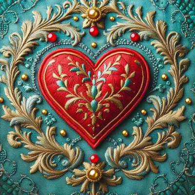 Un [cœur rouge] brodé avec des [coutures visibles et des perles d’or] le long du bord, sur un [tissu à motif turquoise] dans un style baroque.